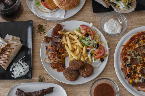 istock Middle eastern cuisine food served in dishes viewed from high angle in closeup full frame studio shot 1158524081