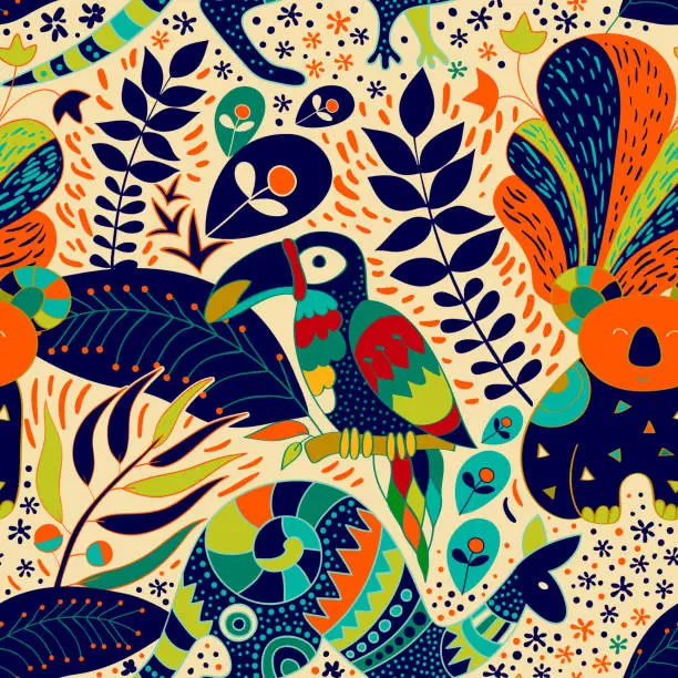 Vector illustration of Colorful seamless pattern with australian animals. Decorative nature backdrop. Animals and tropical plants background