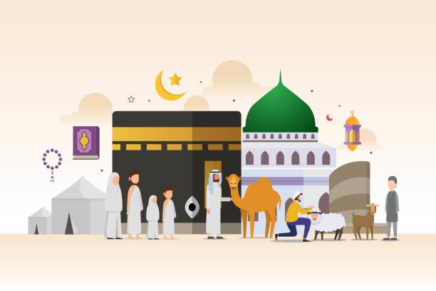 Eid adha mubarak with tiny people character design concept Hajj and Umrah season Eid adha mubarak with tiny people character design concept Hajj and Umrah season. Vector illustration hajj stock illustrations