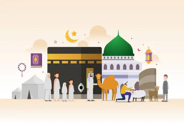Vector illustration of Eid adha mubarak with tiny people character design concept Hajj and Umrah season
