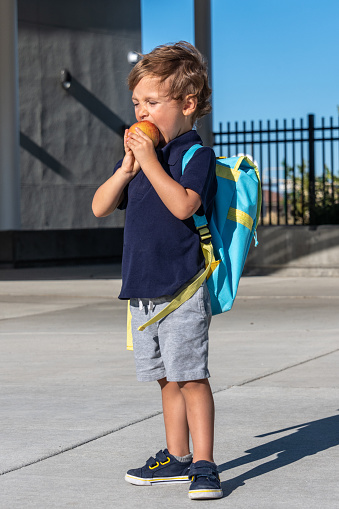 Back to school, caucasian little boy child having an apple in his first day of school walking to the classroom