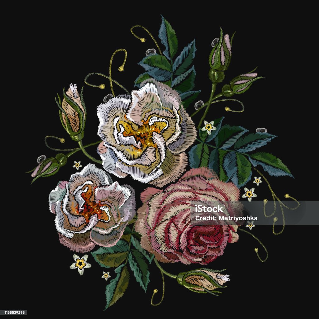 White And Pink Roses Embroidery Template For Design Of Clothes