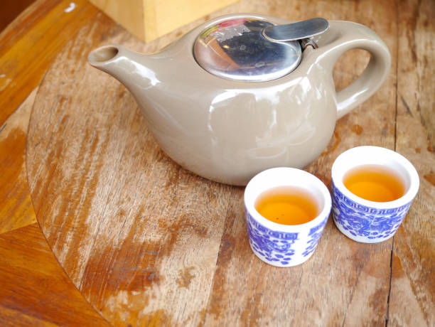 istock 2 chinese tea cup and a tea pot on wooden table 1158541244