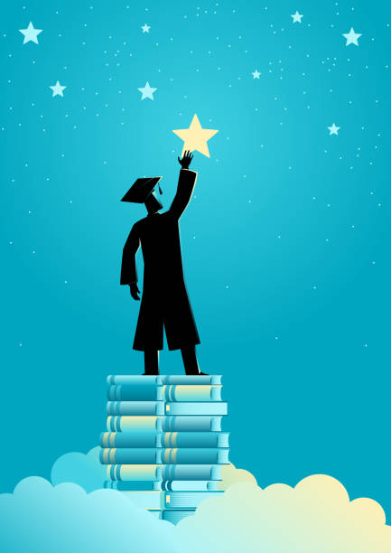 Reach for the star Concept illustration of a man in graduation toga reach out for the stars by using books as the platform graduation man stock illustrations