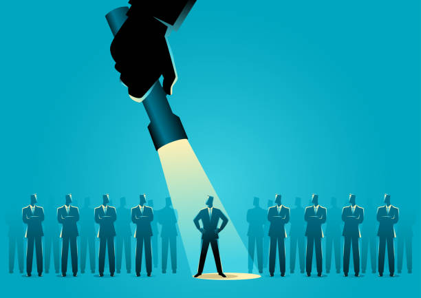 ilustrações, clipart, desenhos animados e ícones de homem de negócios que está sendo spotiluminado - business standing out from the crowd individuality discovery