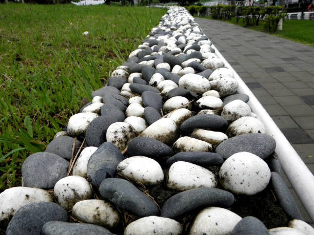 Pebbles of various sizes in the park as a background or texture. Grey stone texture background