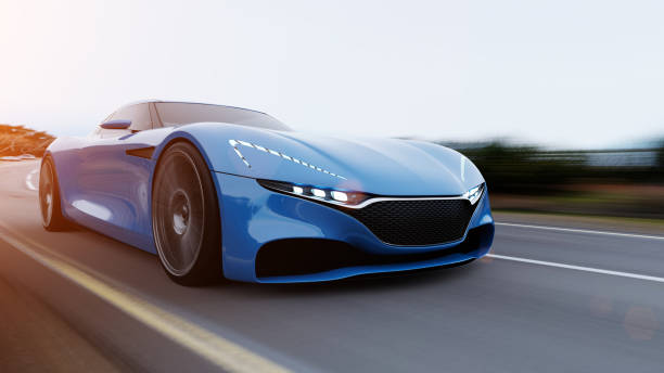 car driving on a road front view of fast moving car, mountain road, motion blur, 3D, car of my own design. concept car stock pictures, royalty-free photos & images