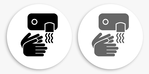 Drying Hands Black and White Round Icon. This 100% royalty free vector illustration is featuring a round button with a drop shadow and the main icon is depicted in black and in grey for a roll-over effect.
