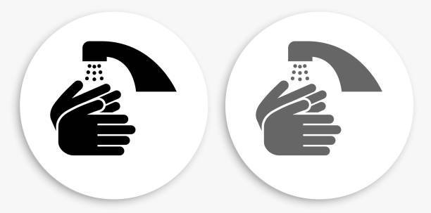 waschen hände schwarz und weiß runde icon - washing hand stock-grafiken, -clipart, -cartoons und -symbole