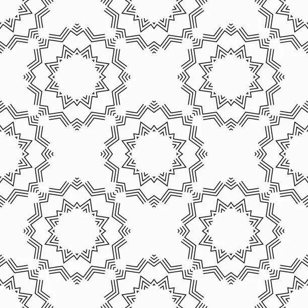 Vector illustration of Abstract seamless stylized suns pattern. Ethnic geometrical ornament. Vector monochrome background.