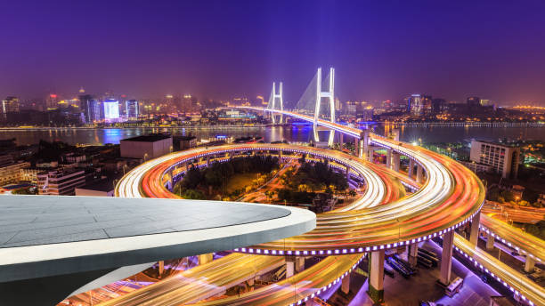 istock Empty square platform and bridge buildings at night in Shanghai 1158551158