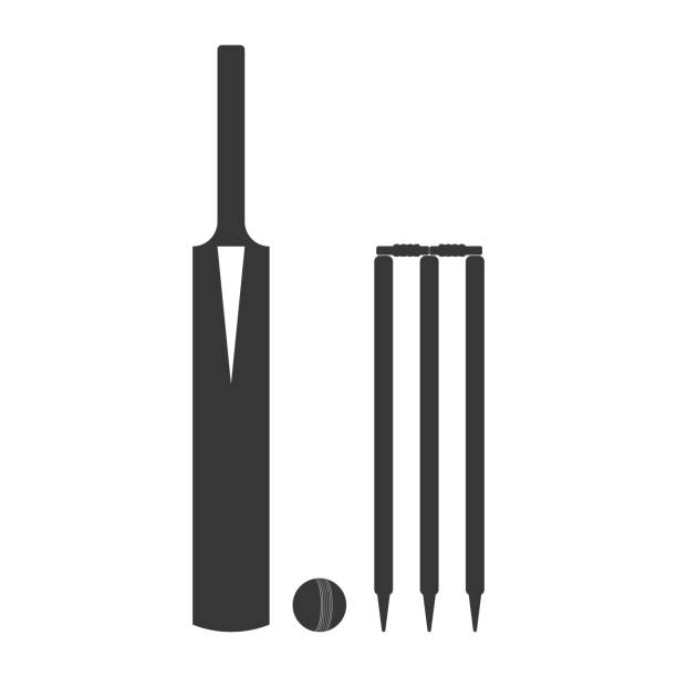 Cricket bat, ball, stumps and bails icon International cricket equipment icons of bat, ball, stumps and bails. Vector graphic artwork design element cricket bat stock illustrations