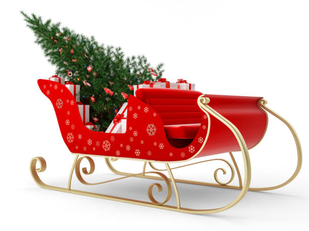 santa schlitten mit geschenk und weihnachtsbaum - sleigh stock-fotos und bilder