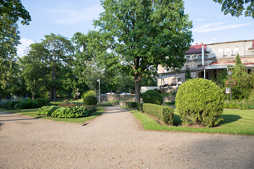 City Cesis, Latvian republic. City streets and park. Everything is blossoming and green around. 22.06.2019. Travel photo.