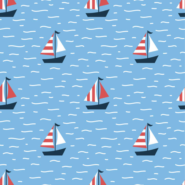 해상 원활한 패턴 - nautical vessel wave pattern old fashioned summer stock illustrations