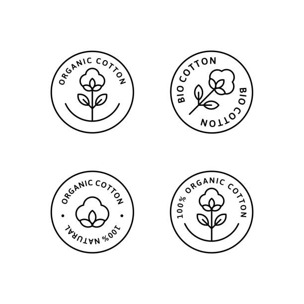 ilustrações, clipart, desenhos animados e ícones de etiquetas e emblemas orgânicos naturais do forro do algodão-ícone redondo do vetor-etiqueta-logotipo-carimbado-flor do algodão do tag - 100 organic