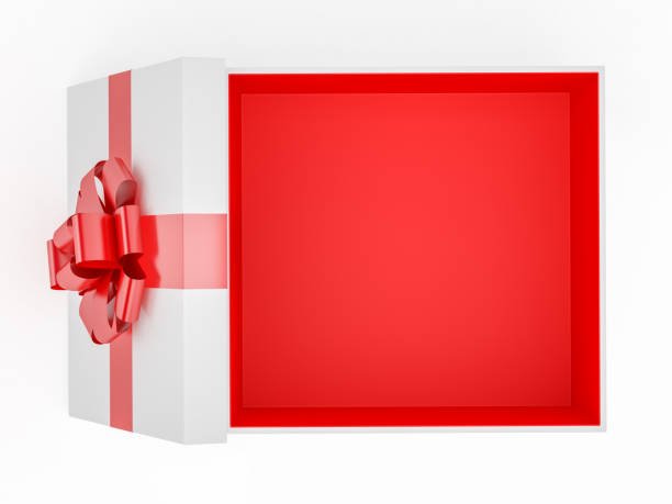 Open Gift Box With Red Ribbon Overhead View