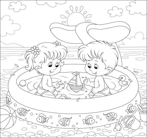 ilustrações de stock, clip art, desenhos animados e ícones de children playing in a kids pool on a beach - preschooler playing family summer