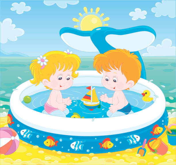 ilustrações de stock, clip art, desenhos animados e ícones de children playing in a kids pool on a beach - preschooler playing family summer