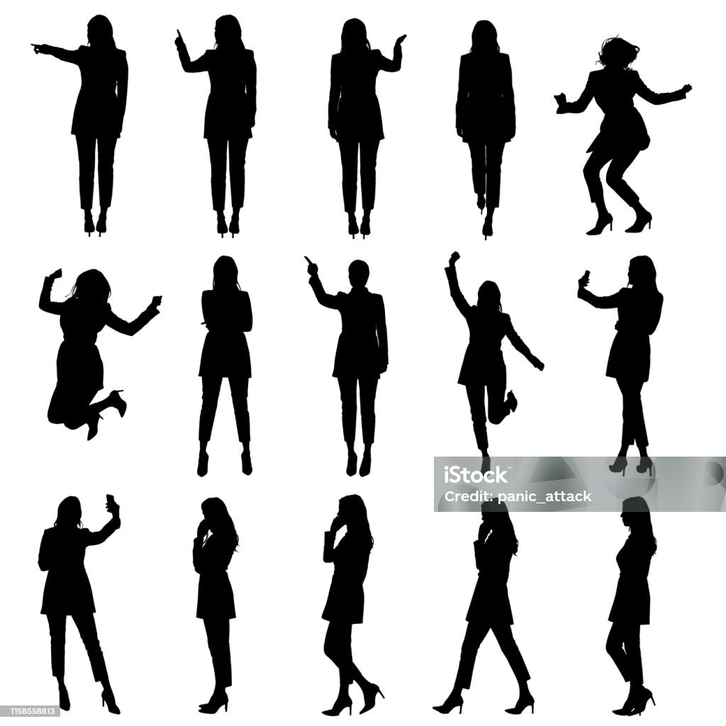 Set of business woman in suit using phone and touch screen in different situations silhouettes Set of business woman in suit using phone and touch screen in different situations silhouettes.  Easy editable vector illustration In Silhouette stock vector