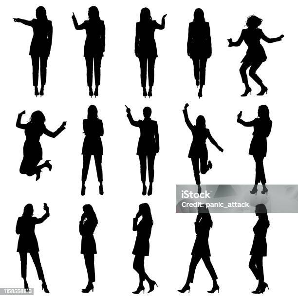 Set Of Business Woman In Suit Using Phone And Touch Screen In Different Situations Silhouettes Stock Illustration - Download Image Now