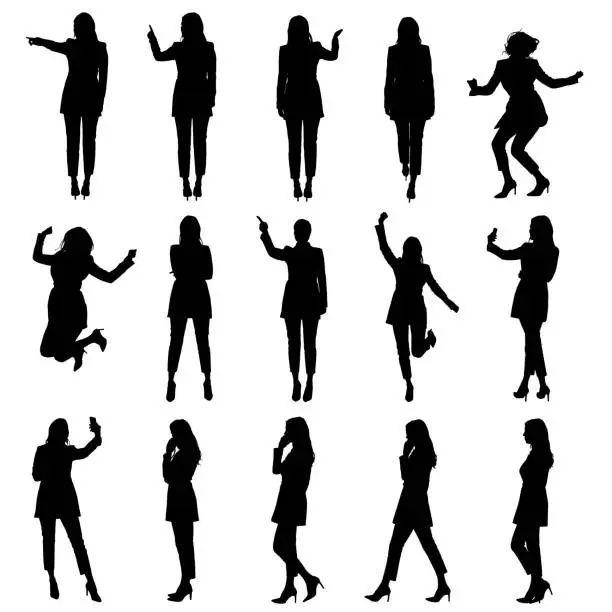 Vector illustration of Set of business woman in suit using phone and touch screen in different situations silhouettes