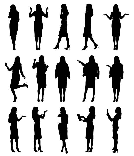 ilustrações, clipart, desenhos animados e ícones de coleção da mulher de negócio ou da saia desgastando do professor em situações e em gestos diferentes. - women silhouette business people