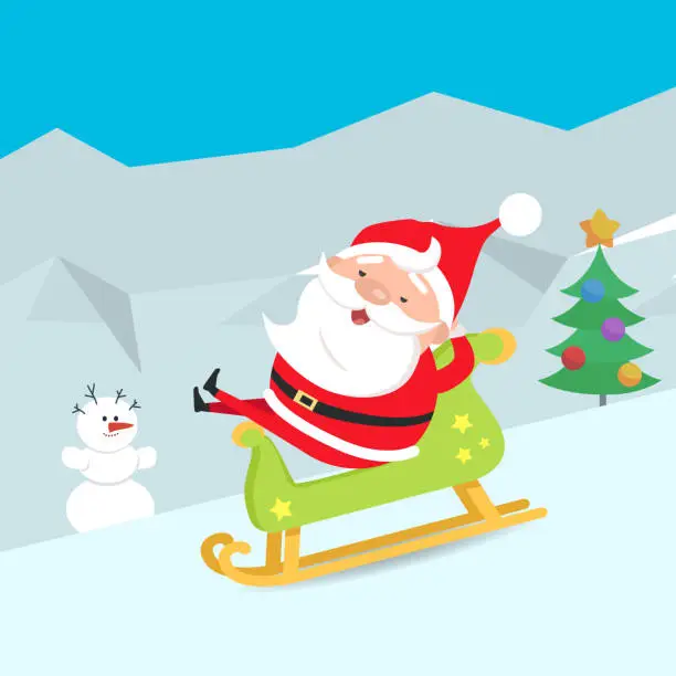 Vector illustration of Cartoon Santa Claus Riding a Sleigh. Winter. Snow