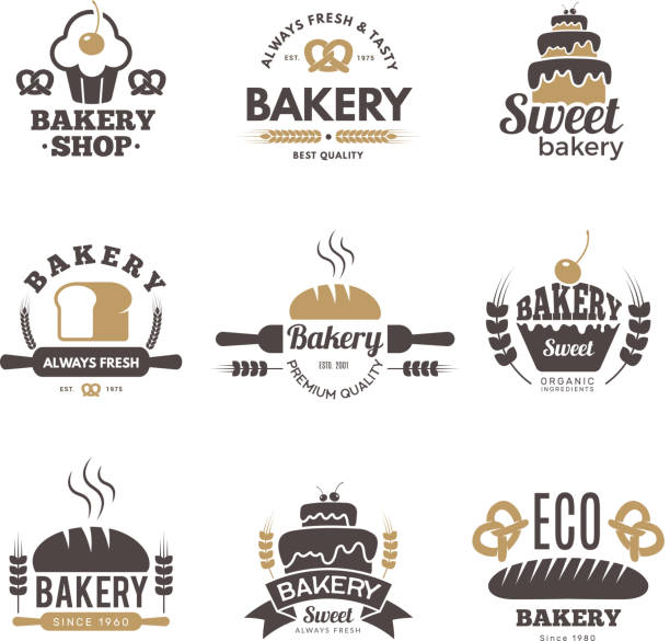 Bakery labels. Cooking symbols kitchen vector illustrations for logo design Bakery labels. Cooking symbols kitchen vector illustrations for logo design. Bakery logo emblem, premium quality badge bread backgrounds stock illustrations