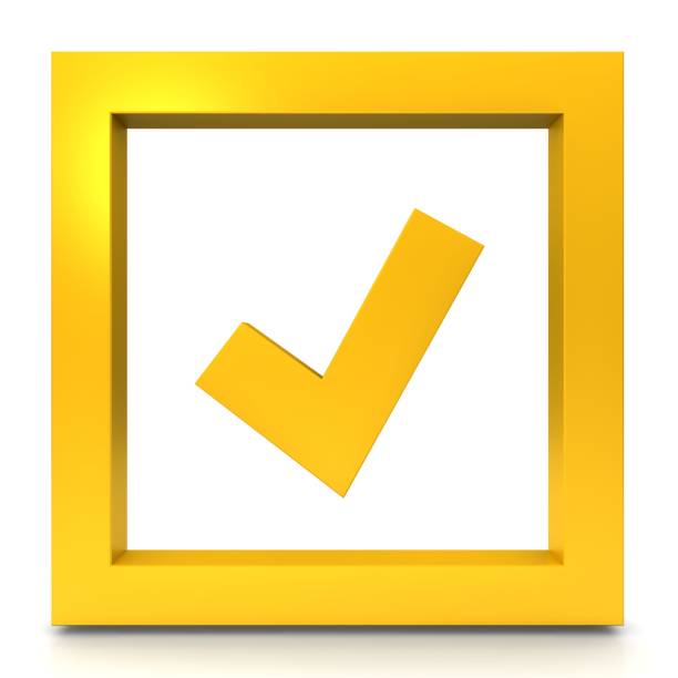 check mark ok sign tally symbol tick icon solution hook logo button yellow gold 3d render graphic illustration isolated on white background