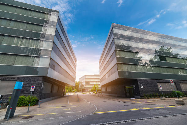 Modern Architecture and Contemporary Facade Building Design, Geometric Structure of Office Building, Cityscape of Urban Downtown District at Zurich, Switzerland.
