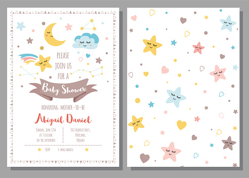 Baby shower invitation template for baby girls boys Cute sky stars cloud moon rainbow with eyes Set of 2 cards Starry design elements Baby arrival Children and drawn background Vector illustration.