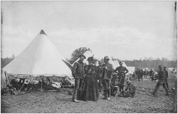 istock US Army black and white photos: 12th US Infantry entertaining camp visitors 1158563691
