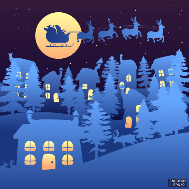 istock Santa Claus flies reindeer in harness over the houses. 1158564759