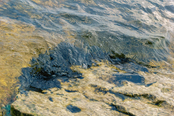 istock Natural liquid texture. River wave runs on the rocky shore 1158565386