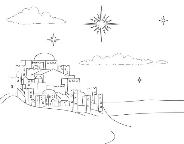 Vector illustration of Nativity Christmas City Cartoon Scene Coloring