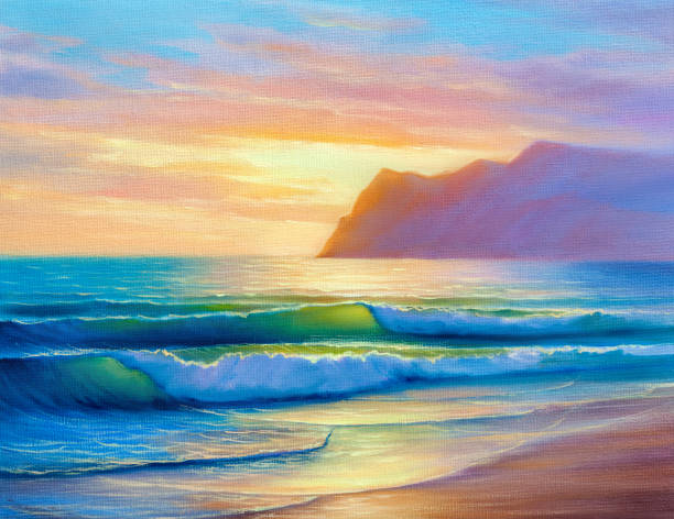 istock Sunset over sea, painting by oil on canvas. 1158569792