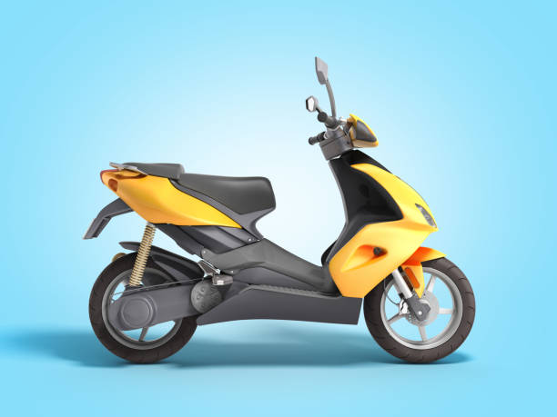 istock Yellow moped scooter Transport wheel 3d render on blue gradient 1158569819