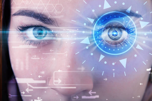 istock Cyber girl with technolgy eye looking into blue iris 1158571623