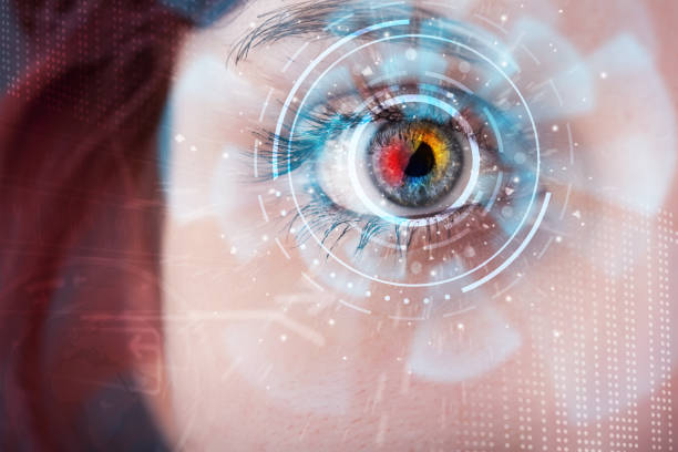 istock Future woman with cyber technology eye panel concept 1158571709