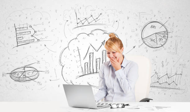 istock Business woman sitting at table with hand drawn graph charts 1158572649