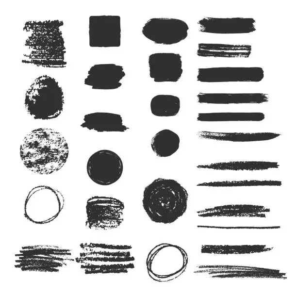 Vector illustration of Collection of different charcoal hatches. Pencil scribble texture. Rough edges background.