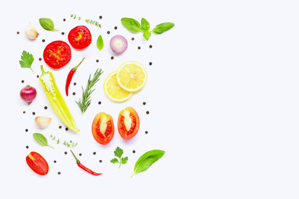 istock Various fresh vegetables and herbs on white background. Healthy eating concept 1158573031