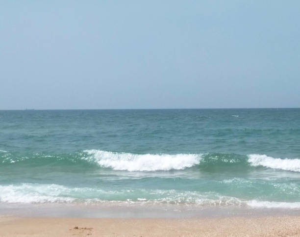 istock beach with sea with foamy waves with blue sky 1158573229