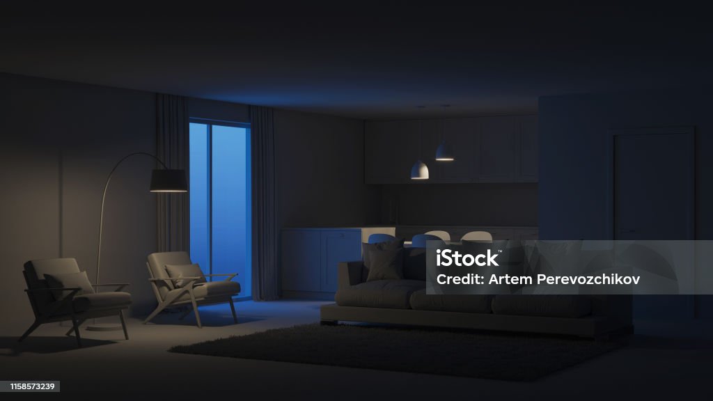 Night. View Interior Rendering Modern House Interior Night Evening Lighting 3d Rendering Stock Photo ...