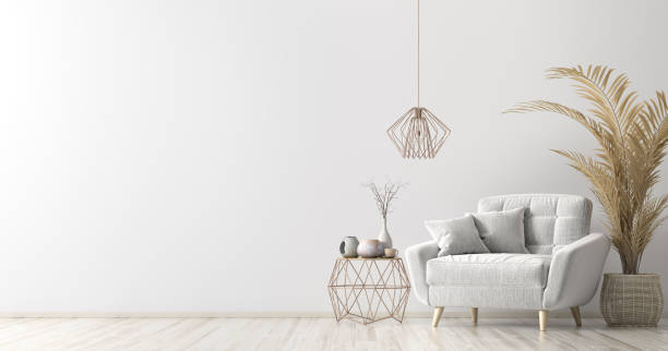 interni con poltrona e tavolino rendering 3d - style armchair contemporary furniture foto e immagini stock