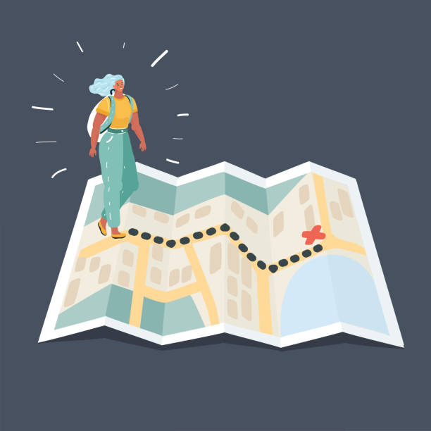 istock Girl tourist in mountain walking the map. 1158575741
