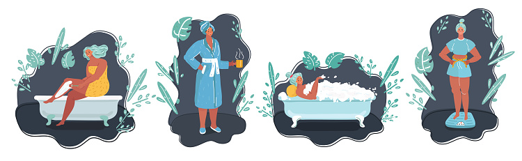 Cartoon vector illustration of Woman relaxing at home. Night time after hard day. Care situation. Female Character Spend Time in bathtube, shaving her legs, relaxing, measures her weight on scale.