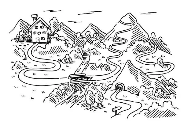 Vector illustration of Remote House Path Landscape Drawing