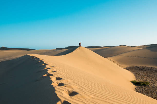 evocative young confident woman walking on her own footprints path on the desert on top of dune with red dresson hot summer day with clear blue sky stock photo